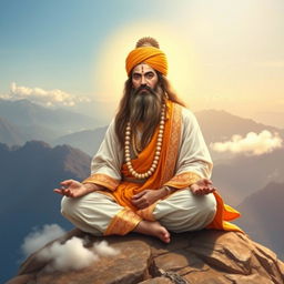 A serene and majestic depiction of Hindu guru Gorakhnath, sitting in a meditative pose atop a mountain