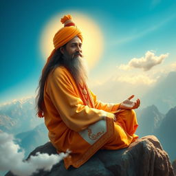 A serene and majestic depiction of Hindu guru Gorakhnath, sitting in a meditative pose atop a mountain