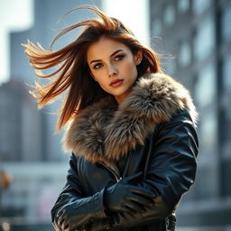 A stylish girl wearing a black leather jacket with a fur collar, paired with matching leather gloves
