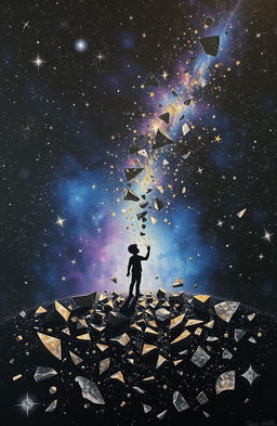 A stunning depiction of a shattered universe, where stars are fragmented into small pieces falling apart