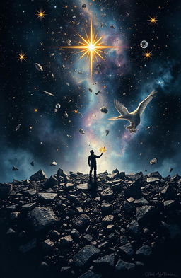 A stunning depiction of a shattered universe, where stars are fragmented into small pieces falling apart