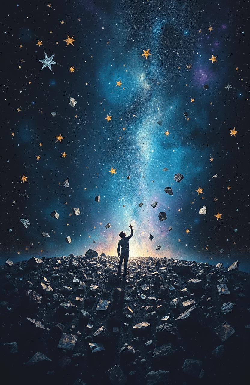 A stunning depiction of a shattered universe, where stars are fragmented into small pieces falling apart