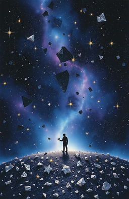 A stunning depiction of a shattered universe, where stars are fragmented into small pieces falling apart