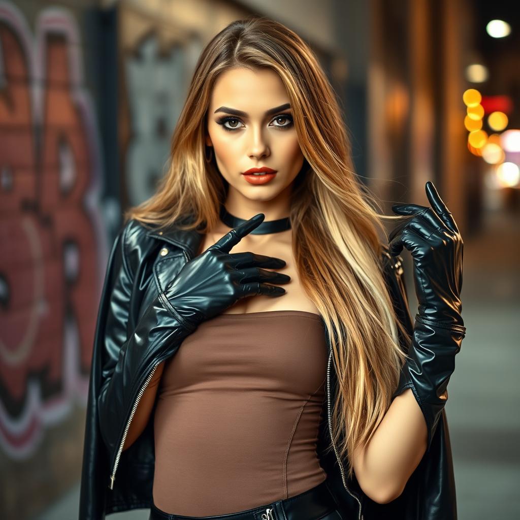 A stylish young woman wearing a sleek black leather latex jacket over a fitted top, paired with matching glossy latex gloves