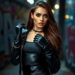 A stylish young woman wearing a sleek black leather latex jacket over a fitted top, paired with matching glossy latex gloves