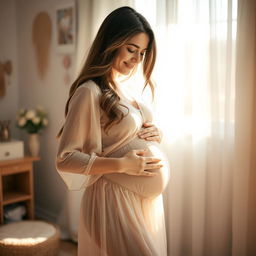 A serene and intimate moment of a woman gently touching her pregnant belly, the warm glow of natural light enveloping her