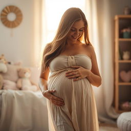 A serene and intimate moment of a woman gently touching her pregnant belly, the warm glow of natural light enveloping her