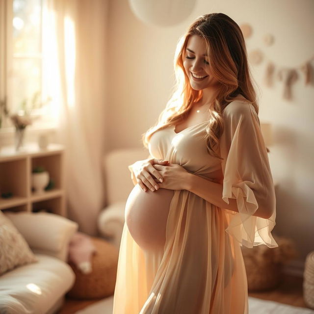 A serene and intimate moment of a woman gently touching her pregnant belly, the warm glow of natural light enveloping her