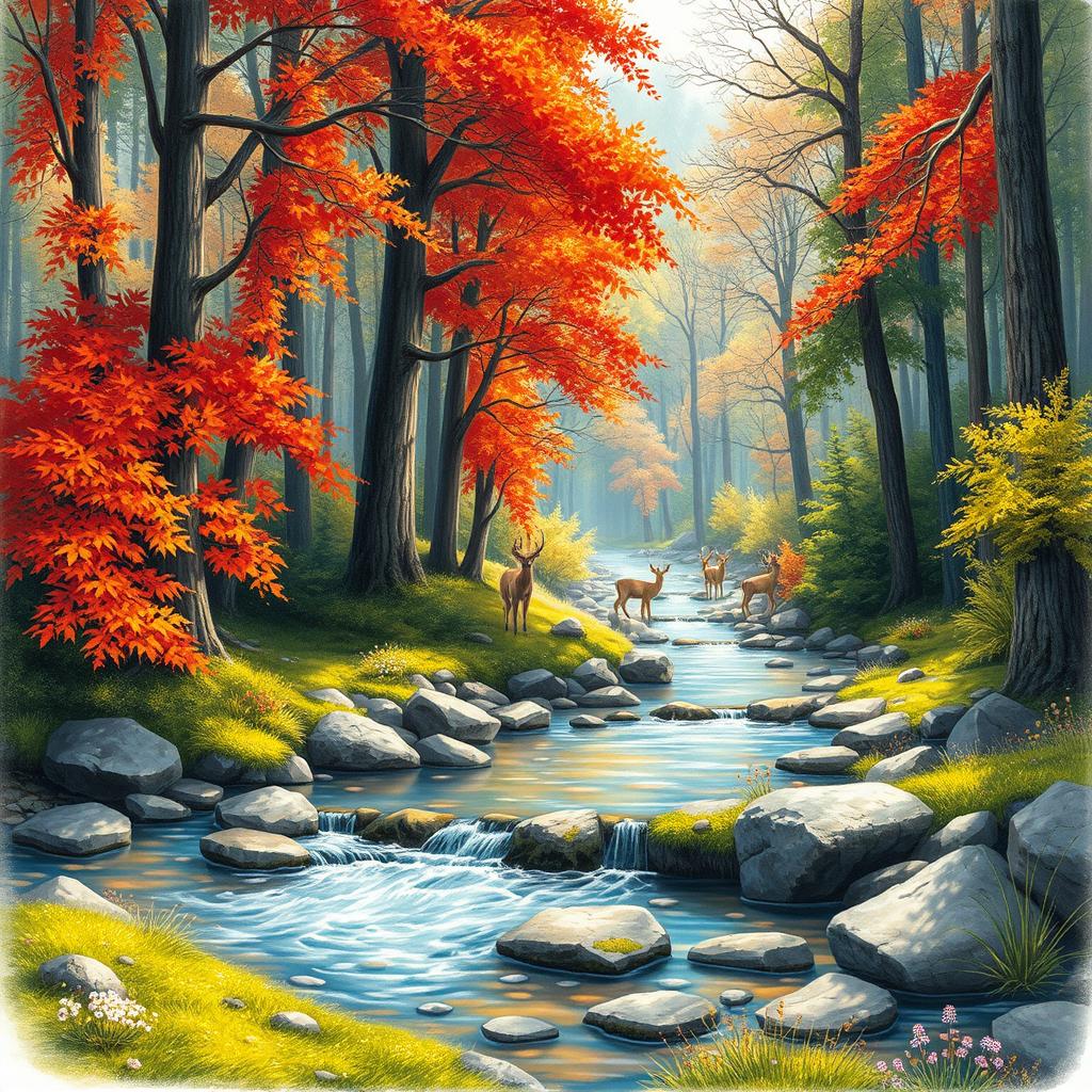A detailed drawing of a serene forest landscape during autumn, showcasing a vibrant array of red, orange, and yellow leaves cascading from tall trees