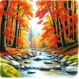 A detailed drawing of a serene forest landscape during autumn, showcasing a vibrant array of red, orange, and yellow leaves cascading from tall trees