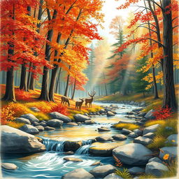 A detailed drawing of a serene forest landscape during autumn, showcasing a vibrant array of red, orange, and yellow leaves cascading from tall trees