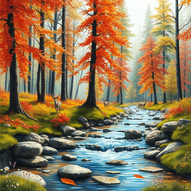 A detailed drawing of a serene forest landscape during autumn, showcasing a vibrant array of red, orange, and yellow leaves cascading from tall trees