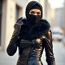 A woman wearing a tight, shiny black latex jacket with a fur collar, paired with shiny black latex gloves