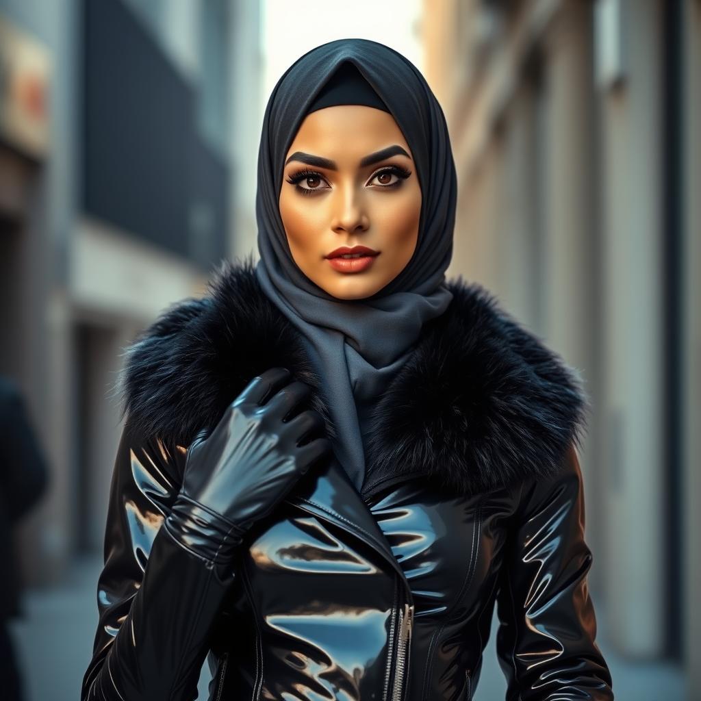 A woman wearing a tight, shiny black latex jacket with a fur collar, paired with shiny black latex gloves