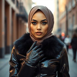 A woman wearing a tight, shiny black latex jacket with a fur collar, paired with shiny black latex gloves