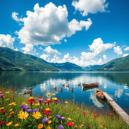 A stunning landscape of a serene lake surrounded by lush green mountains under a clear blue sky, with fluffy white clouds drifting lazily