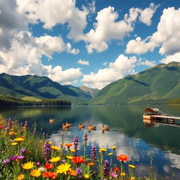 A stunning landscape of a serene lake surrounded by lush green mountains under a clear blue sky, with fluffy white clouds drifting lazily