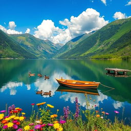 A stunning landscape of a serene lake surrounded by lush green mountains under a clear blue sky, with fluffy white clouds drifting lazily