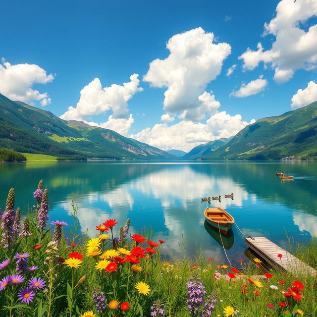 A stunning landscape of a serene lake surrounded by lush green mountains under a clear blue sky, with fluffy white clouds drifting lazily