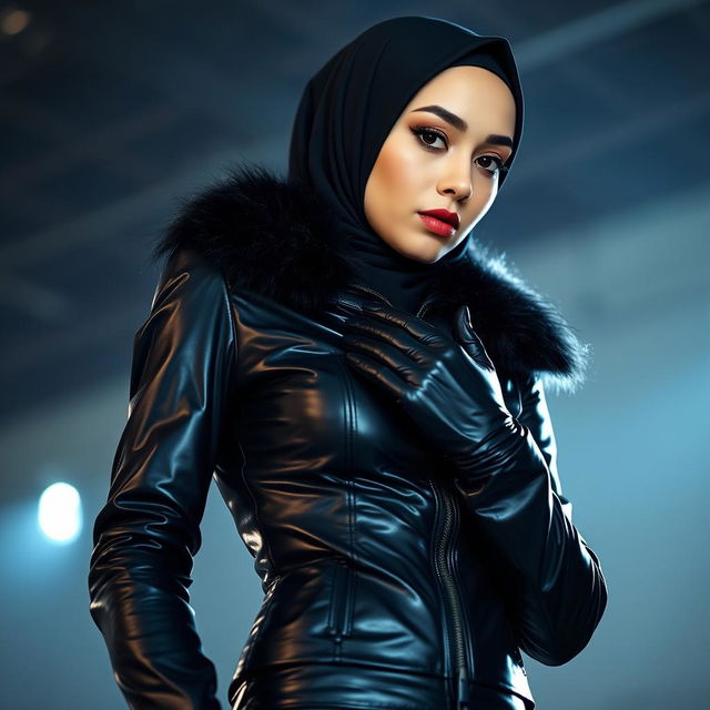 A woman wearing a tight, glossy black latex jacket with a fur collar, paired with shiny black latex gloves