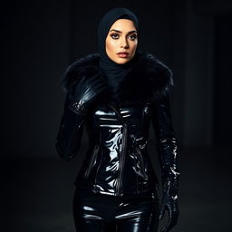 A woman wearing a tight, glossy black latex jacket with a fur collar, paired with shiny black latex gloves