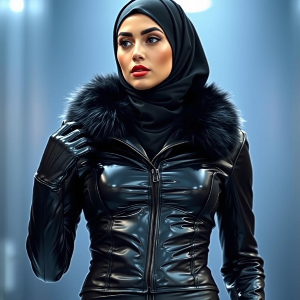 A woman wearing a tight, glossy black latex jacket with a fur collar, paired with shiny black latex gloves