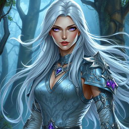 In a high-fantasy DnD character art style, a striking female figure named Lucira with sleek silver skin and ethereal white hair that appears to float gently around her