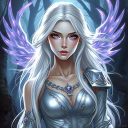 In a high-fantasy DnD character art style, a striking female figure named Lucira with sleek silver skin and ethereal white hair that appears to float gently around her