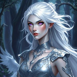 In a high-fantasy DnD character art style, a striking female figure named Lucira with sleek silver skin and ethereal white hair that appears to float gently around her