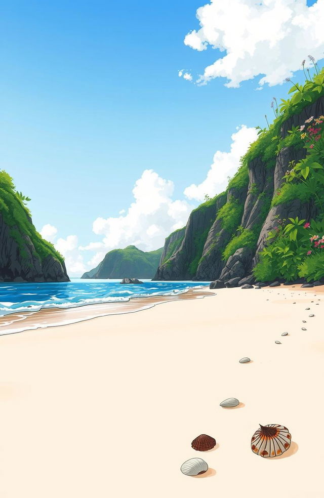 A serene landscape sketch of Nihiwatu Beach, featuring soft sandy shores surrounded by lush green cliffs and vibrant tropical vegetation