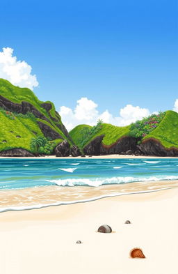 A serene landscape sketch of Nihiwatu Beach, featuring soft sandy shores surrounded by lush green cliffs and vibrant tropical vegetation