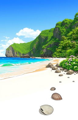 A serene landscape sketch of Nihiwatu Beach, featuring soft sandy shores surrounded by lush green cliffs and vibrant tropical vegetation