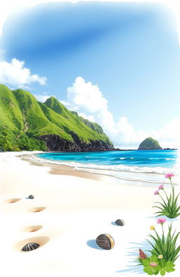 A serene landscape sketch of Nihiwatu Beach, featuring soft sandy shores surrounded by lush green cliffs and vibrant tropical vegetation