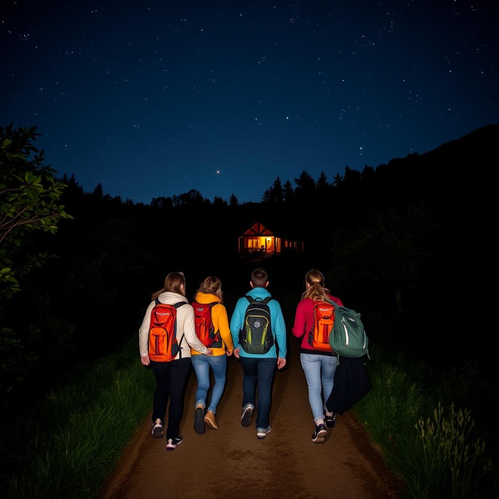Six senderistas walking at night along a winding path under a starlit sky, surrounded by lush greenery and faint glimmers of moonlight illuminating their way