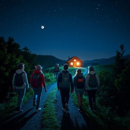 Six senderistas walking at night along a winding path under a starlit sky, surrounded by lush greenery and faint glimmers of moonlight illuminating their way