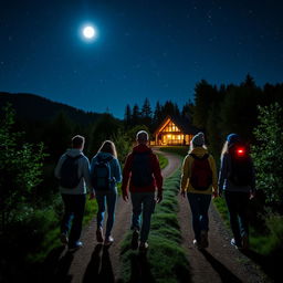 Six senderistas walking at night along a winding path under a starlit sky, surrounded by lush greenery and faint glimmers of moonlight illuminating their way