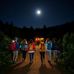 Six senderistas walking at night along a winding path under a starlit sky, surrounded by lush greenery and faint glimmers of moonlight illuminating their way
