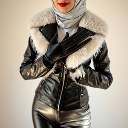 A woman dressed in a tight, shiny black latex jacket with a white fur collar, wearing glossy black latex gloves on her small, delicate hands placed on her chest