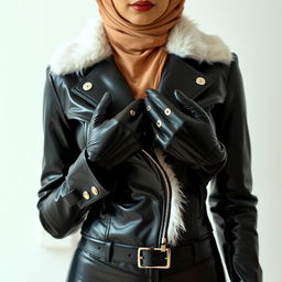 A woman dressed in a tight, shiny black latex jacket with a white fur collar, wearing glossy black latex gloves on her small, delicate hands placed on her chest