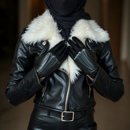 A woman dressed in a tight, shiny black latex jacket with a white fur collar, wearing glossy black latex gloves on her small, delicate hands placed on her chest