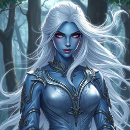 In a high-fantasy DnD character art style, a striking female figure named Lucira with sleek blue skin and ethereal white hair that appears to float gently around her