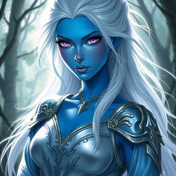In a high-fantasy DnD character art style, a striking female figure named Lucira with sleek blue skin and ethereal white hair that appears to float gently around her