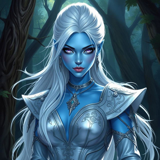 In a high-fantasy DnD character art style, a striking female figure named Lucira with sleek blue skin and ethereal white hair that appears to float gently around her