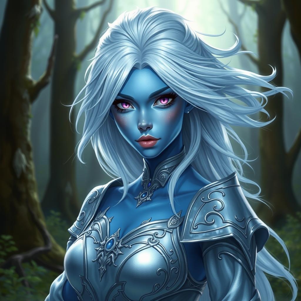 In a high-fantasy DnD character art style, a striking female figure named Lucira with sleek blue skin and ethereal white hair that appears to float gently around her