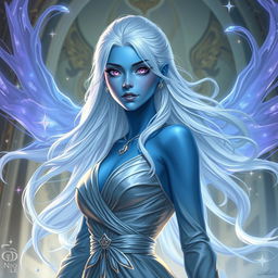 In a high-fantasy DnD character art style, a striking female figure named Lucira with sleek blue skin and ethereal white hair that appears to float gently around her