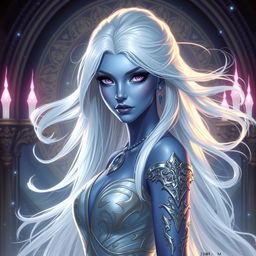 In a high-fantasy DnD character art style, a striking female figure named Lucira with sleek blue skin and ethereal white hair that appears to float gently around her