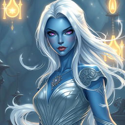 In a high-fantasy DnD character art style, a striking female figure named Lucira with sleek blue skin and ethereal white hair that appears to float gently around her