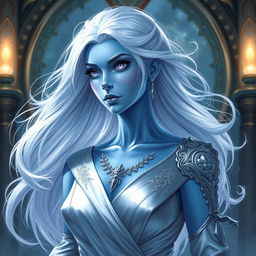 In a high-fantasy DnD character art style, a striking female figure named Lucira with sleek blue skin and ethereal white hair that appears to float gently around her