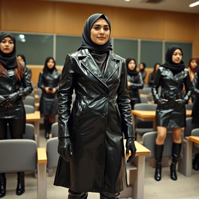 A university professor in a lecture hall, dressed in a shiny black latex coat that is tight-fitting, complemented by glossy black latex gloves and high-heeled leather boots