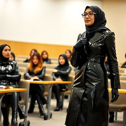A university professor in a lecture hall, dressed in a shiny black latex coat that is tight-fitting, complemented by glossy black latex gloves and high-heeled leather boots